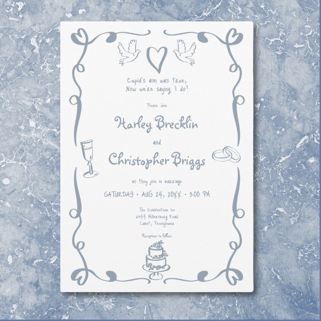 Whimsical Retro Hand plockade Dusty Blue Bröllop Inbjudningar (Whimsical Retro Hand Drawn Dusty Blue Wedding Invitation)