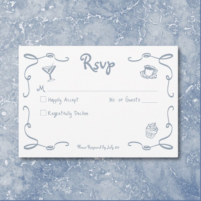 Whimsical Retro Hand plockade Dusty Blue Bröllop OSA Kort (Whimsical Retro Hand Drawn Dusty Blue Wedding RSVP Card)