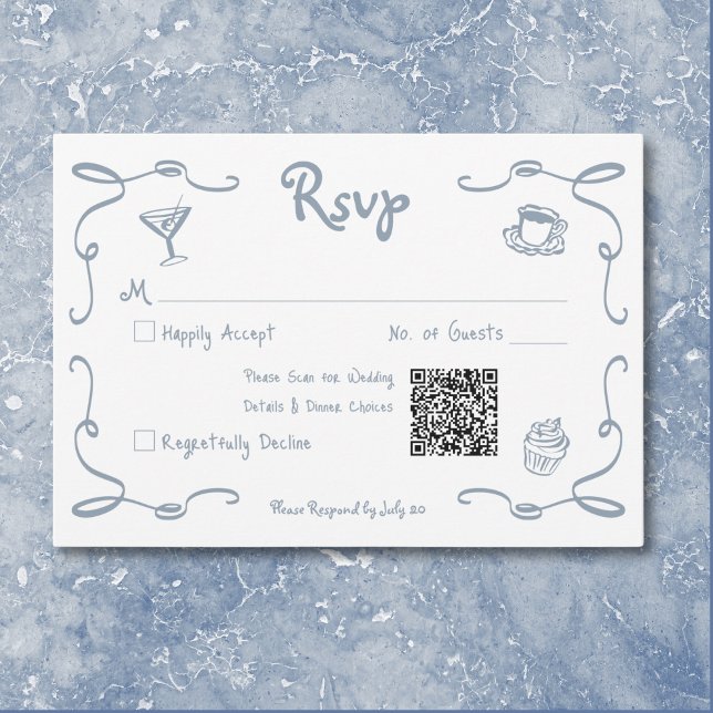 Whimsical Retro Hand plockade Dusty Blue Bröllop OSA Kort (Whimsical Retro Hand Drawn Dusty Blue Wedding RSVP Card)