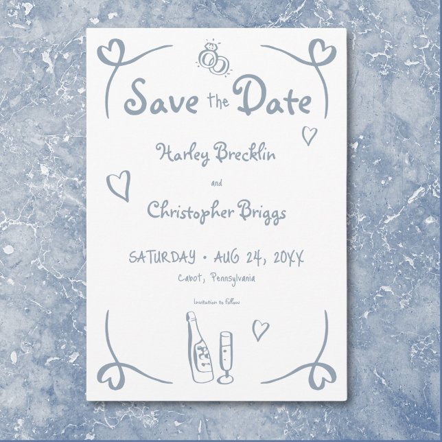 Whimsical Retro Hand plockade Dusty Blue Bröllop Spara Datumet (Whimsical Retro Hand Drawn Dusty Blue Wedding Save The Date)