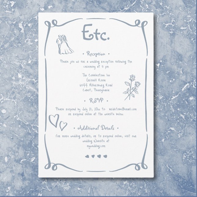 Whimsical Retro Hand plockade Dusty Blue Bröllop Tilläggskort (Whimsical Retro Hand Drawn Dusty Blue Wedding Enclosure Card)