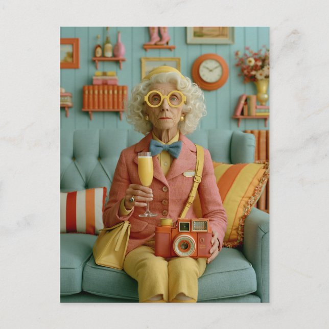 Whimsical Retro Mormor med Kamera Vykort (Framsida)