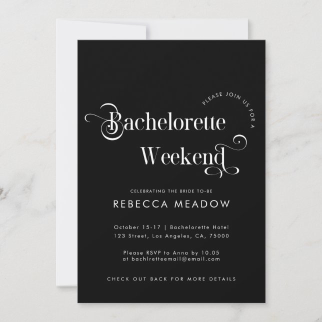 Whimsical Retro Script Black Bachelorette Party Inbjudningar (Framsida)