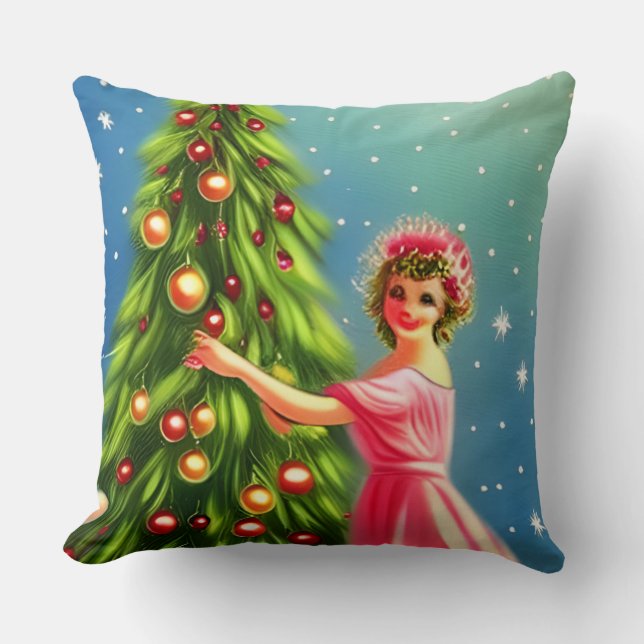 Whimsical Retro Vintage Juldam och Träd Kudde (Framsida)