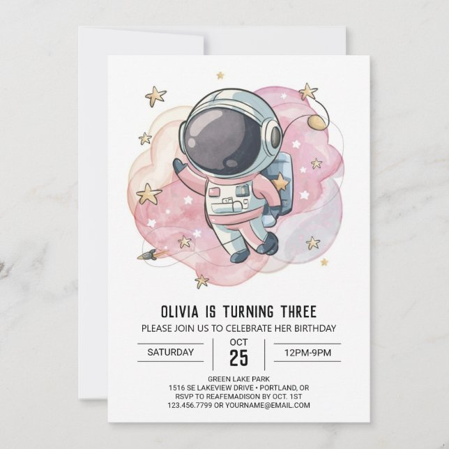 Whimsical Rocket Stollig Astronaut Birthday Inbjudningar (Framsida)