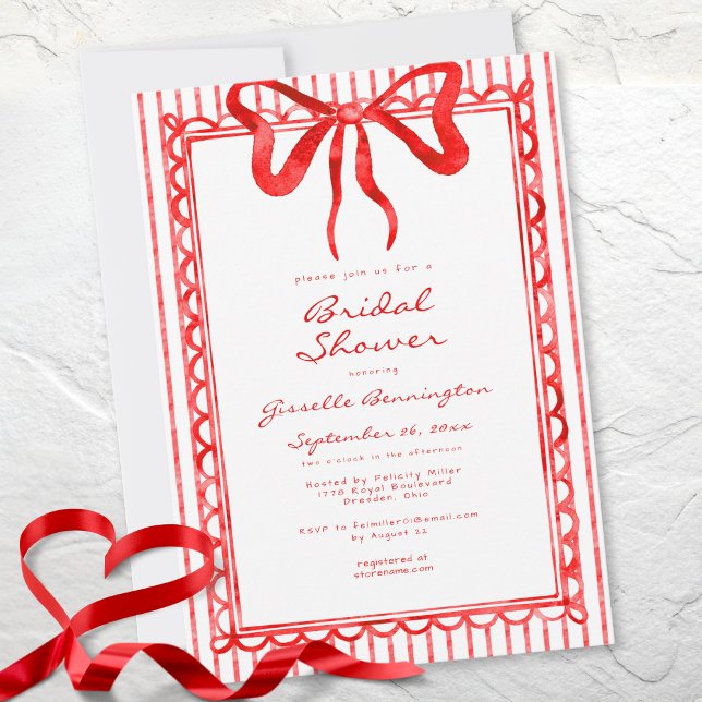 Whimsical röd akvarellbåge randig bröllopsdusch inbjudningar (Whimsical Red Watercolor Bow Stripe Bridal Shower Invitation)