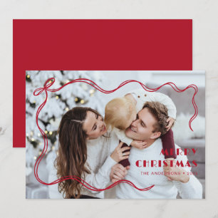 Whimsical röd band familjefoto God Jul Julkort