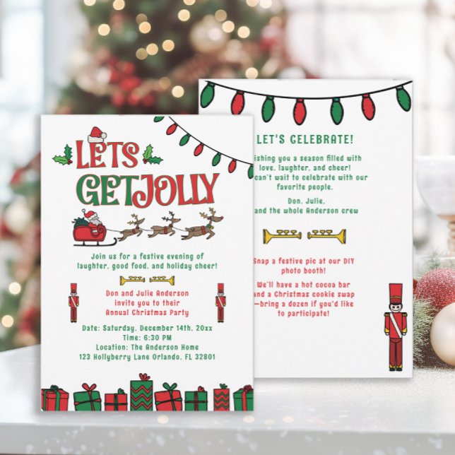 Whimsical röd grön tomte ren julfest  (2-sided retro-style Christmas party invitation)