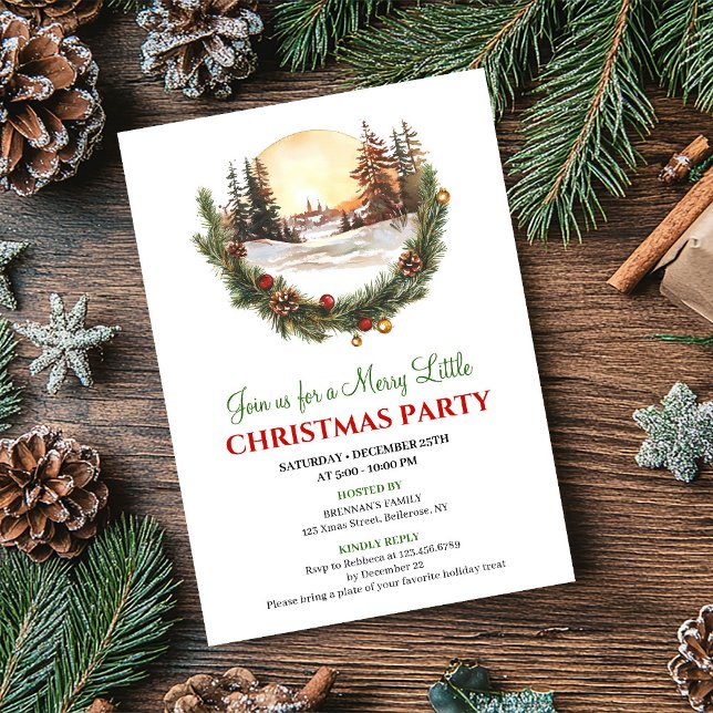 Whimsical röd grön vinterscen festinbjudan inbjudningar (Whimsical Red Green Winter Scene Party Invitation)