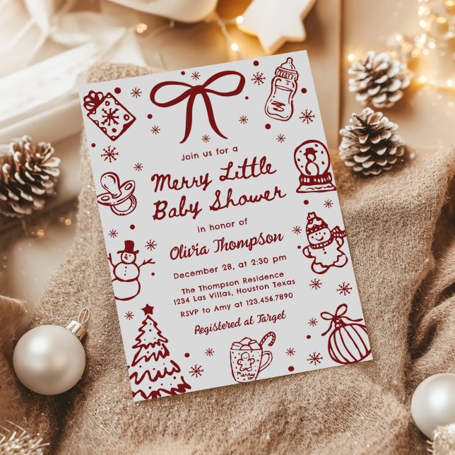 Whimsical röd handritad glad lilla bebis-babyshowe inbjudningar (Skapare uppladdad)