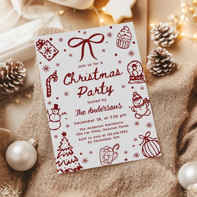 Whimsical röd handritad quirky julfest inbjudningar (Skapare uppladdad)