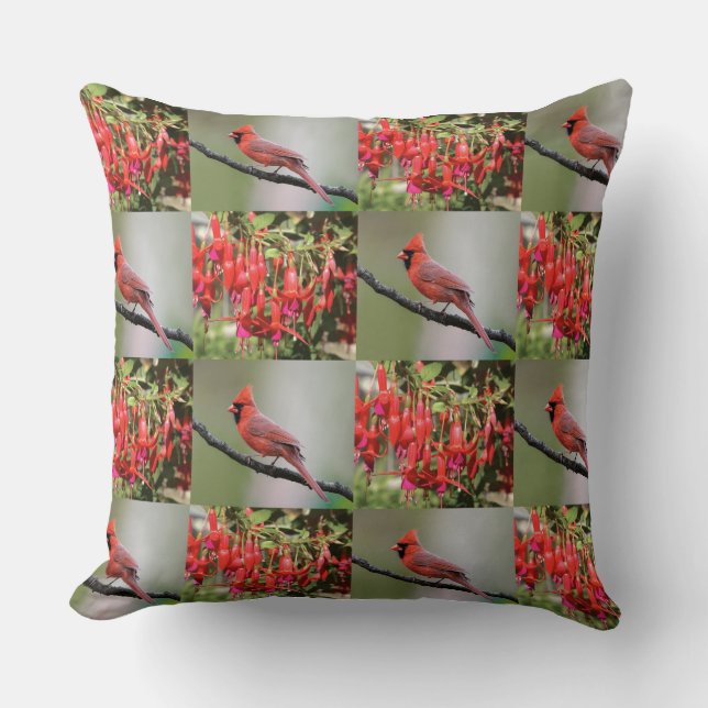 Whimsical röd kardinal och fuchsia mönster kudde (Framsida)