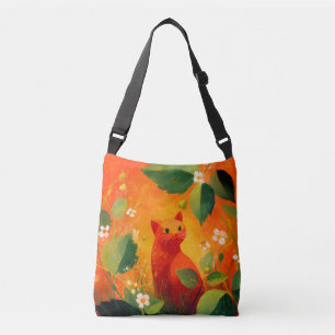 Whimsical röd katt vildblomsterträdgård axelväska
