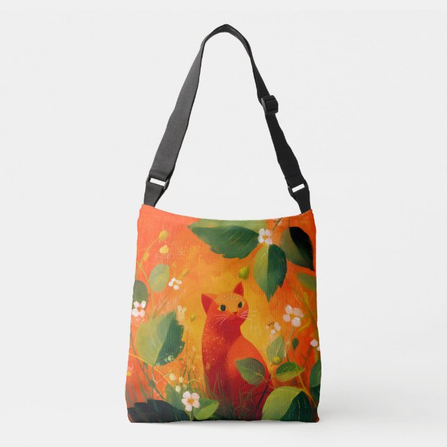 Whimsical röd katt vildblomsterträdgård axelväska (Framsida)