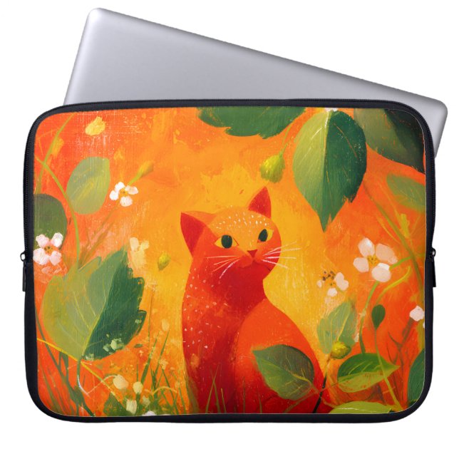 Whimsical röd katt vildblomsterträdgård laptop fodral (Framsidan)