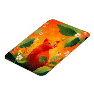 Whimsical röd katt vildblomsterträdgård magnet