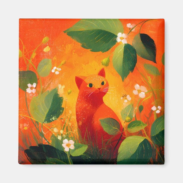 Whimsical röd katt vildblomsterträdgård magnet (Framsidan)