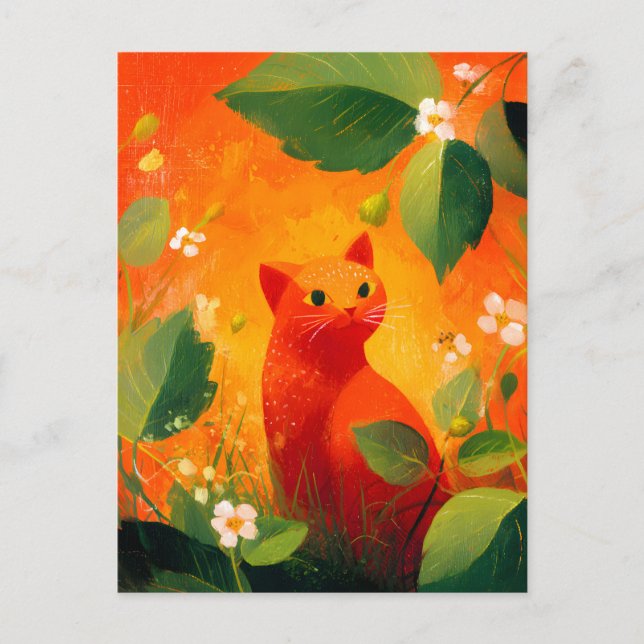 Whimsical röd katt vildblomsterträdgård meddelande vykort (Framsida)