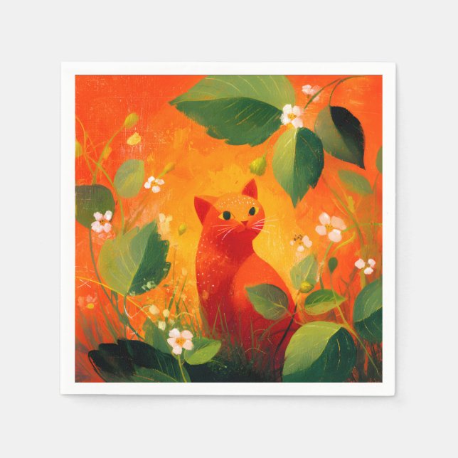 Whimsical röd katt vildblomsterträdgård pappersservett (Framsidan)