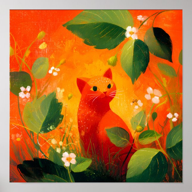 Whimsical röd katt vildblomsterträdgård poster (Framsidan)
