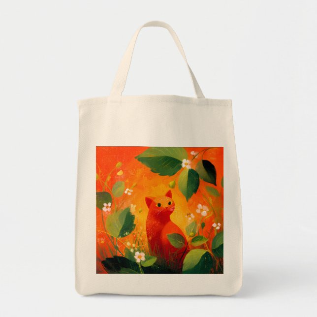 Whimsical röd katt vildblomsterträdgård tygkasse (Framsidan)