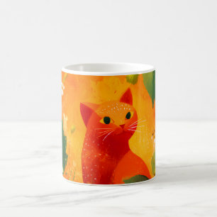 Whimsical röd katt Wildflower Trädgård Kaffemugg