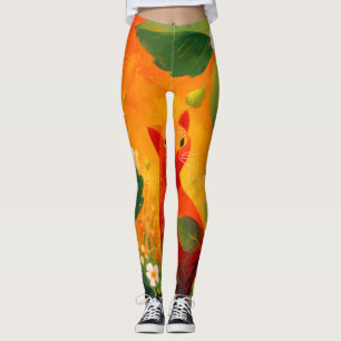 Whimsical röd katt Wildflower Trädgård Leggings