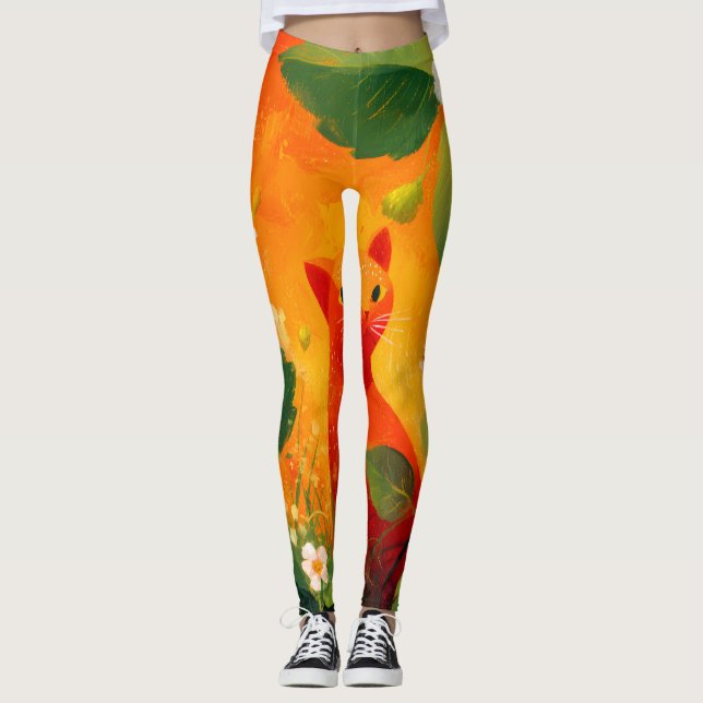 Whimsical röd katt Wildflower Trädgård Leggings (Framsida)