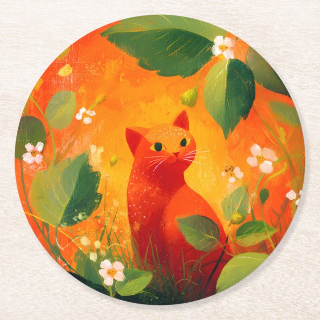 Whimsical röd katt Wildflower Trädgård Underlägg Papper Rund (Framsidan)