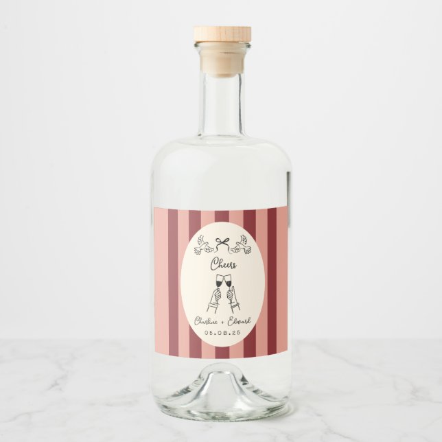 Whimsical röd och rosa randig bröllops-  spritflaskor etikett (Framsida)