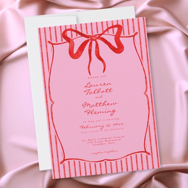 Whimsical röd rosa akvarellbåge randig bröllop inbjudningar (Whimsical Red Pink Watercolor Bow Stripe Wedding Invitation)