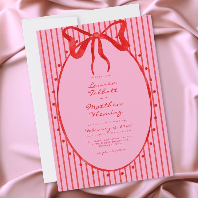 Whimsical röd rosa akvarellbåge randig bröllop inbjudningar (Whimsical Red Pink Watercolor Bow Stripe Wedding Invitation)