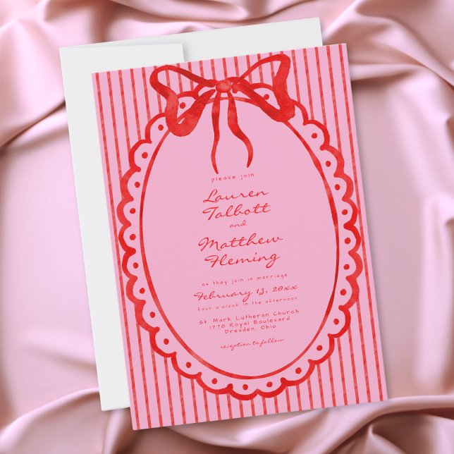 Whimsical röd rosa akvarellbåge randig bröllop inbjudningar (Whimsical Red Pink Watercolor Bow Stripe Wedding Invitation)