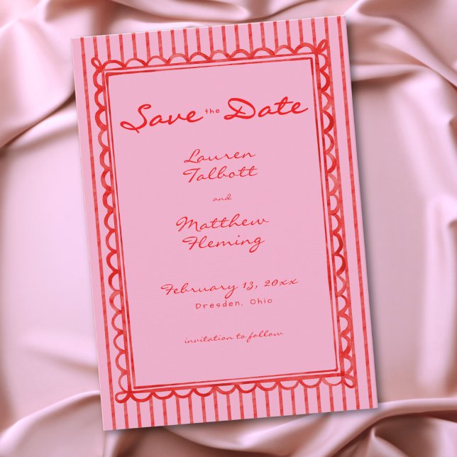 Whimsical röd rosa akvarellrand bröllop spara datumet (Whimsical Red Pink Watercolor Stripe Wedding Save The Date)
