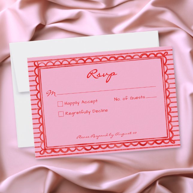 Whimsical röd rosa akvarellrandig bröllop OSA kort (Whimsical Red Pink Watercolor Stripe Wedding RSVP Card)