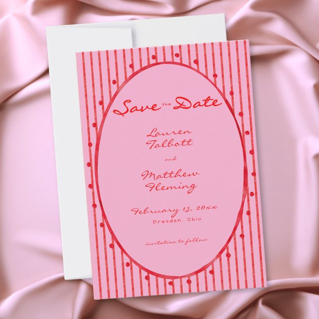 Whimsical röd rosa akvarellrandig bröllop spara datumet (Whimsical Red Pink Watercolor Stripe Wedding Save The Date)