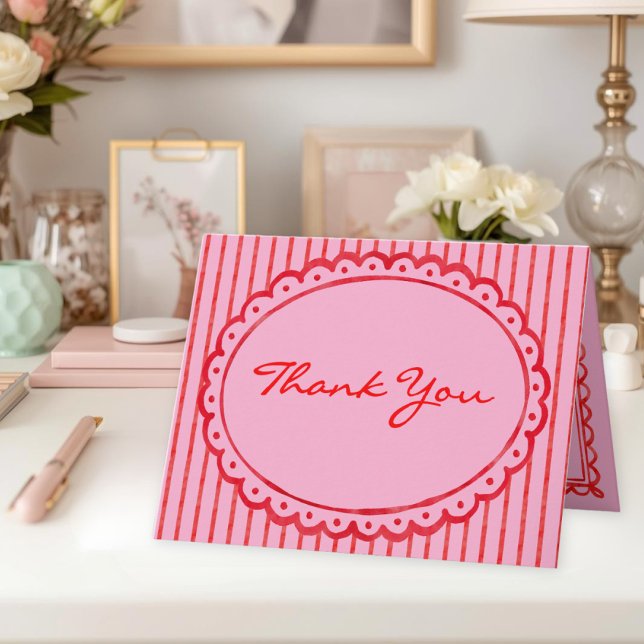 Whimsical röd rosa akvarellrandig bröllop tack kort (Whimsical Red Pink Watercolor Bow Stripe Wedding Thank You Card)
