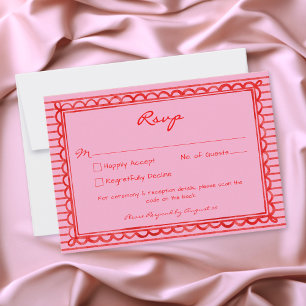Whimsical röd rosa akvarellrandig bröllops-QR OSA Kort