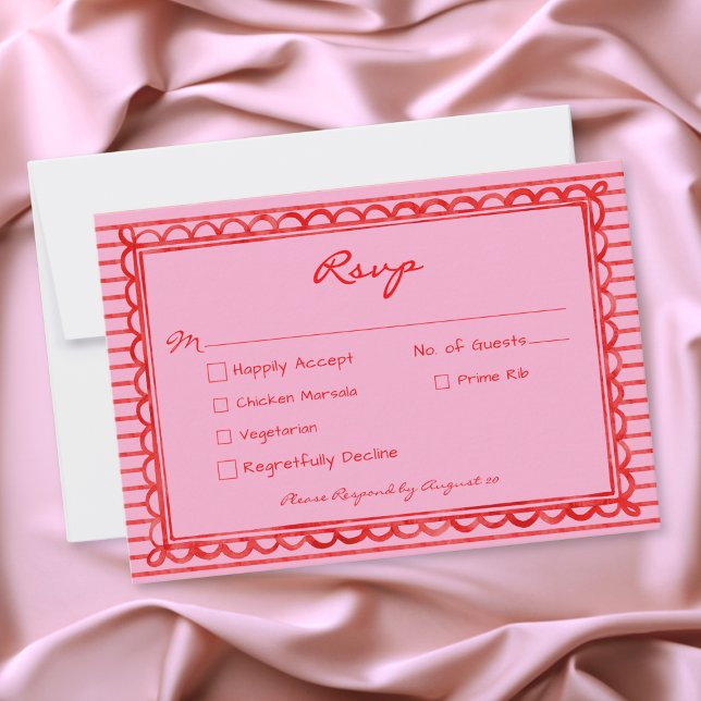 Whimsical röd rosa akvarellrandig bröllopsfest OSA kort (Whimsical Red Pink Watercolor Stripe Wedding RSVP Card)