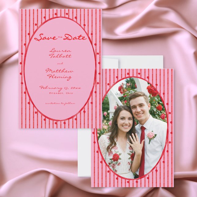 Whimsical röd rosa akvarellrandig foto bröllop spara datumet (Whimsical Red Pink Watercolor Stripe Photo Wedding Save The Date)