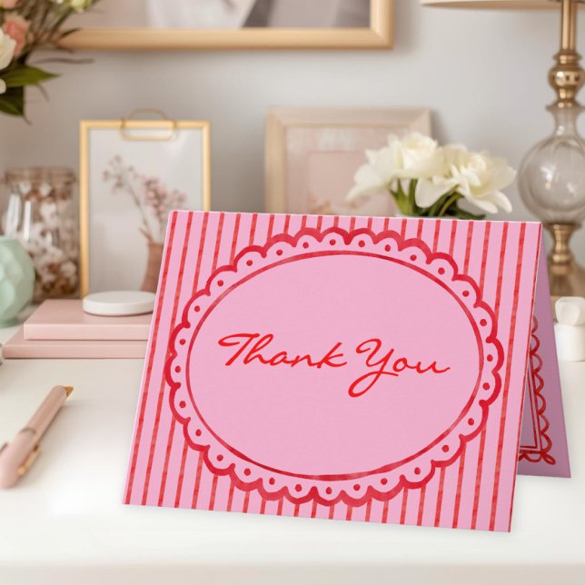 Whimsical röd rosa akvarellrandig fotobryllup tack kort (Whimsical Red Pink Watercolor Bow Stripe Wedding Thank You Card)