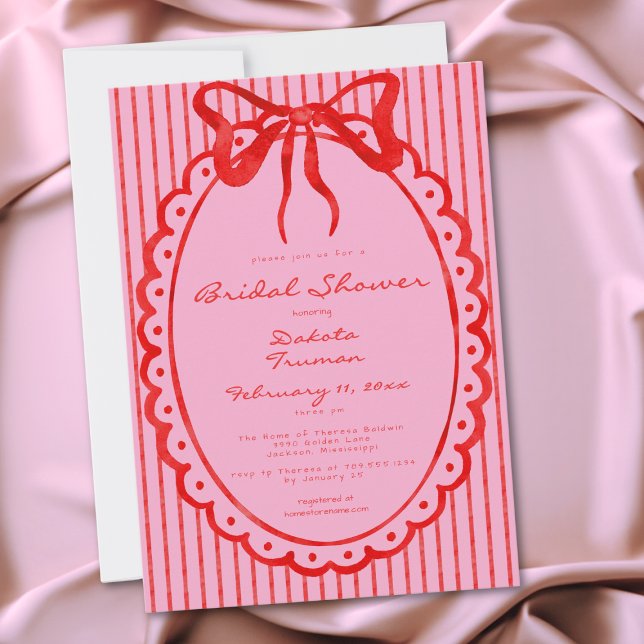 Whimsical röd rosa rosett rand bröllopsdusch inbjudningar (Whimsical Red Pink Bow Stripe Bridal Shower Invitation)