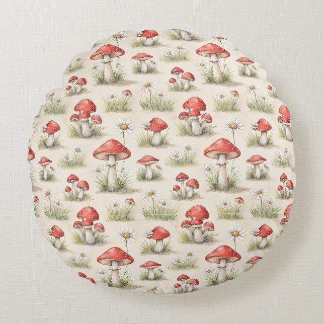 Whimsical Röd Svamp & Gräs Vattenfärg Mönster Rund Kudde (Framsidan)