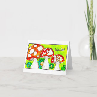 Whimsical Röd Svamp Trio Vattenfärgskonst Hej Tack Kort