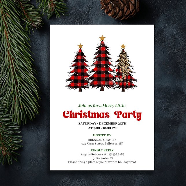 Whimsical röd svart rutig julfirande inbjudningar (Whimsical Red Black Plaid Christmas Celebration)