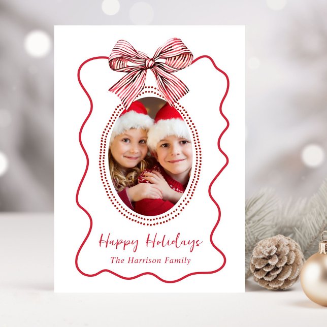 Whimsical röd vågig ram slinga foto jul julkort (Share the love and warmth of the season with your personalized photo Christmas card)