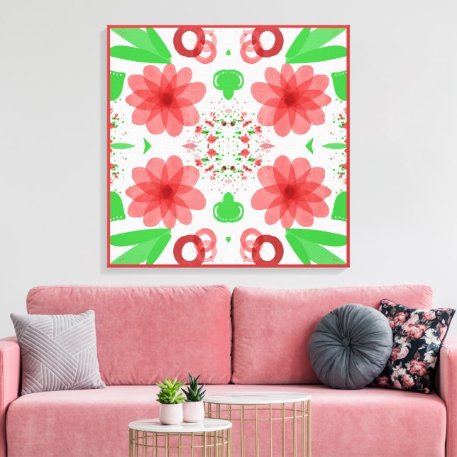 Whimsical röda blommor Gröna blad på vit konst Canvastryck (Insitu (Vardagsrum))