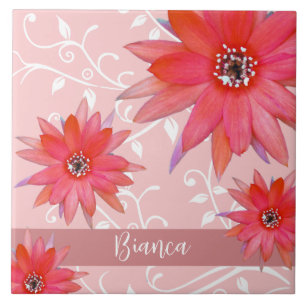 Whimsical röda blommor virvlande blad Lägg till na Kakelplatta