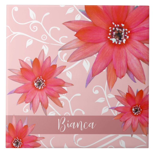 Whimsical röda blommor virvlande blad Lägg till na Kakelplatta (Framsidan)