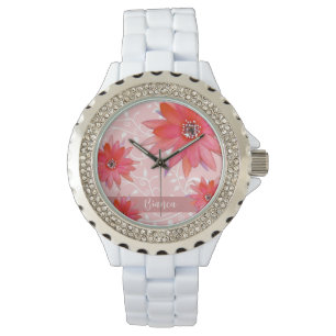 Whimsical Röda Blommor Virvlande Löv Lägg Till Nam Armbandsur